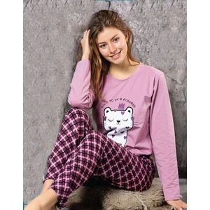 Sıfır Yaka Uzun Kol Likralı Desenli Kadın Pijama Takımı Lukitus