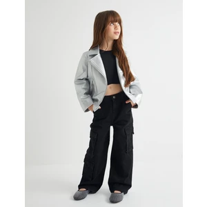 Metalik Parlak Suni Deri Biker Ceket