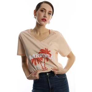 Polo State Kadın Sardinia Baskılı V Yaka T-Shirt Bej