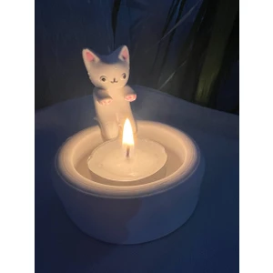 Love Candle Dekor Üşüyen Kedi Mumluk, Elini Isıtan Kedi Mumluk, Kedi Mumluk, Ateş Başında Üşüyen Kedi Mumluk