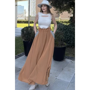 New Laviva Kadın Taba Beli Lastikli, Cepleri Hasır Işlemeli, Rahat Kesim, Uzun Kiloş Etek