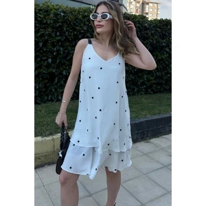 New Laviva Kadın Beyaz A Kesim Deri Askı ve Çiçek Nakış Detaylı Şifon Kumaş Midi Kiloş Elbise