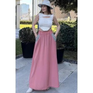 New Laviva Kadın Pembe Beli Lastikli, Cepleri Hasır Işlemeli, Rahat Kesim, Uzun Kiloş Etek