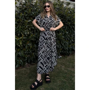 New Laviva Kadın Siyah Beyaz Kısa Kol V Yaka Beli Kuşaklı Salaş Uzun Elbise