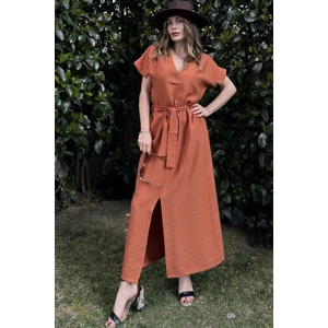 New Laviva Kiremit V Yaka Kısa Kol Airobin Kumaş Omuz Detaylı Kemerli/kuşaklı Önden Yırtmaçlı Maxi Elbise