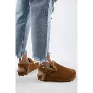 Holly Kürklü Kadın Hakiki Deri Kürklü Hakiki Deri Kemerli Tokalı Taba-Taba Sandalet