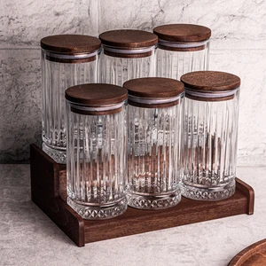 Mira 7 Parça Ahşap Vakumlu Kapaklı Standlı Cam Baharatlık Seti 450 ml Çok Amaçlı Saklama Kabı