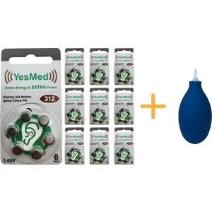 Yesmed Extra Power 312 Numara Işitme Cihazı Pili (10 Paket x 6 Adet = 60 Adet Pil) + Hediye Işitme Cihazı El Pompası-Puar