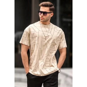 Erkek Bej Harf Desenli Bisiklet Yaka  Tişört 6061