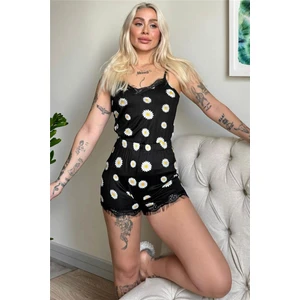 Pijama Evi Siyah Camomile Dantel Detaylı Ip Askı Şortlu Örme Pijama Takımı
