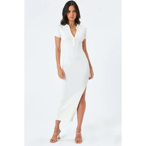 Ekru Yandan Yırtmaçlı Polo Yaka Kadın Triko Elbise MG1480