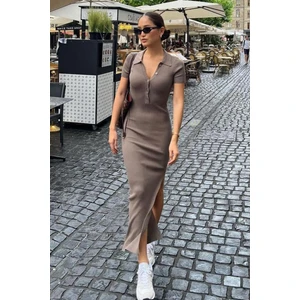 Vizon Yandan Yırtmaçlı Polo Yaka Kadın Triko Elbise MG1480