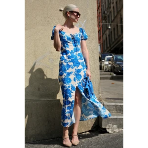 Mavi Desenli Yırtmaçlı Uzun Elbise MG1864