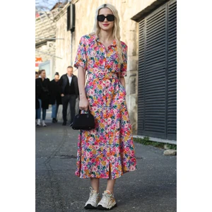 Pembe Çiçek Desenli Gömlek Yaka Midi Elbise MG1821