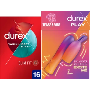 2'si 1 Arada Vibrator ve Uyarıcı Başlık + Durex Yakın Hisset Slim Fit Prezervatif 16LI