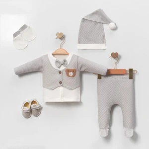 2060mc Erkek Bebek Uykucu Ayıcık Desenli Beşli Kutulu Gri Hastane Çıkış Zıbın Seti