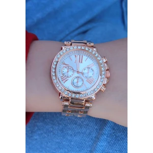 Gold Renk Metal Kordon Zirkon Taşlı Kasa Beyaz Kadran Romen Rakamlı Kadın Saat