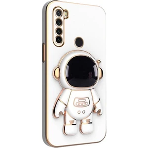 Xiaomi Redmi Note 8 Kılıf Kamera Korumalı Astronot Desenli Standlı Silikon Beyaz