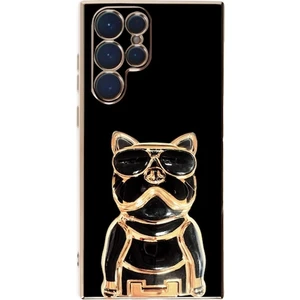 Samsung Galaxy S22 Ultra Kılıf Kamera Korumalı Köpek Desenli Standlı Silikon Siyah