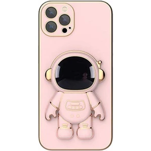iPhone 15 Pro Kılıf Kamera Korumalı Astronot Desenli Standlı Silikon Pembe