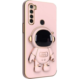Xiaomi Redmi Note 8 Kılıf Kamera Korumalı Astronot Desenli Standlı Silikon Pembe