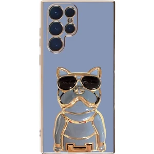 Samsung Galaxy S22 Ultra Kılıf Kamera Korumalı Köpek Desenli Standlı Silikon Mavi