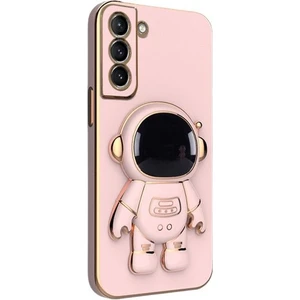 Samsung Galaxy S21 Fe Kılıf Kamera Korumalı Astronot Desenli Standlı Silikon Pembe