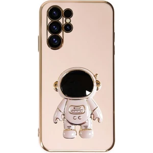 Samsung Galaxy S21 Ultra Kılıf Kamera Korumalı Astronot Desenli Standlı Silikon Pembe