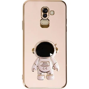 Samsung Galaxy J8 Kılıf Kamera Korumalı Astronot Desenli Standlı Silikon Pembe