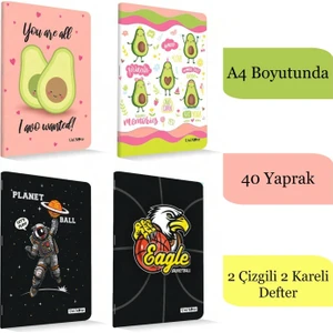 A4 40 Yaprak Karton Kapak Dikişli Defter 2 Çizgili 2 Kareli