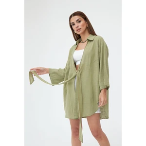 Kadın  Pamuklu Haki Flam Keten Kimono