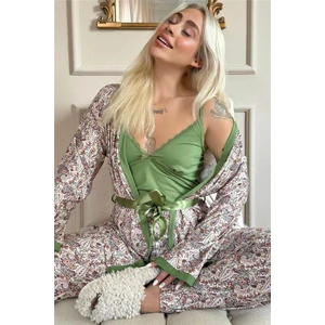 Pijama Evi Yeşil Flore Exclusive Örme Sabahlıklı Kadın Pijama Takımı