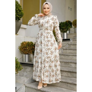 Neva Style Çiçek Desenli Kahverengi Tesettür Elbise 50251KH
