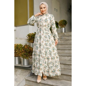 Neva Style Çiçek Desenli Çağla Yeşili Tesettür Elbise 50251CY
