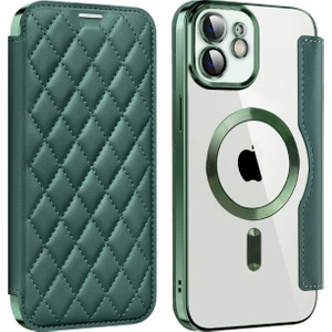 Forestl Digital Iphone 12 6.1 Inç Kart Tutucu Deri Telefon Kasası Magsafe Yerleşik Lens Filmi Rfıd Engelleme Kapak-Siyah Yeşil ile Uyumlu (Yurt Dışından)