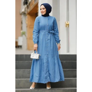 Neva Style Kemerli Mavi Tesettür Kot Elbise 19107M