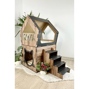 Mavi Trend  Ahşap Büyük Kedi Evi Xxl Açık Teraslı Model 5 kg Üstü Kediler Için Kahve- Siyah Renk