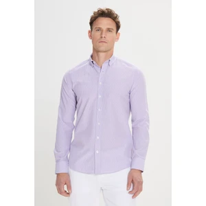 Altınyıldız Classics Erkek Beyaz-Lila Slim Fit Dar Kesim Gizli Düğmeli Yaka Pamuklu Çizgili Gömlek