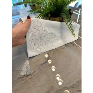 Decamor Home Fransız Dantelli Köşe Püsküllü Gümüş Simli Beyaz Runner