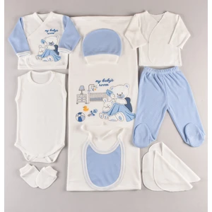 Ayıcık Nakışlı 10 Parça Mavi Yenidoğan Hastane Çıkışı Erkek Bebek – %100 Pamuk Yumuşak Kumaş