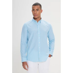 Altınyıldız Classics Erkek Beyaz-Turkuaz Slim Fit Dar Kesim Gizli Düğmeli Yaka Pamuklu Çizgili Gömlek