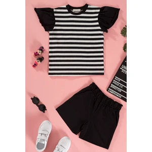 For You Kids Çizgili Volanlı Kol Tshirt Şort Siyah Takım