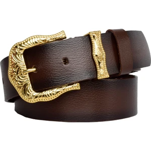 Goderi Deri, Gold Takım Tokalı 4 cm Koyu Kahverengi Kadın Kemeri; Kot, Spor Kemer