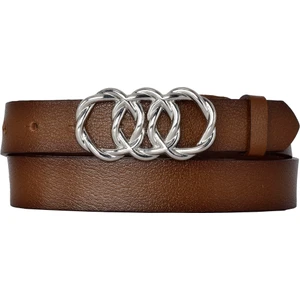 Goderi Deri, Gümüş Örgü Tokalı 3 cm Kahverengi Kadın Kemeri; Elbise, Pantolon Kemeri