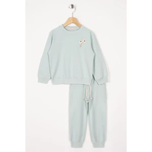 Bisiklet Yaka Uzun Kol Papatya Nakıslı Çağla Yeşili Renk Kız Çocuk Esofman Takım