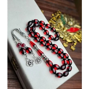 Özel Nakkaş Imameli Sürmeli Sıkma Ateş Kehribar Tesbih 925 Ayar Özel Gümüş Tasarımlı Özel Yazılı Kutulu