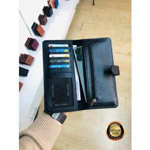 Basic Siyah  Deri Dikey Kişiye Özel Büyük Telefon Cüzdanı (Ince Model)