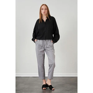 Kadın Gri Beli Bağlamalı Havuç Paça Poplin Pantolon