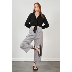 Kadın Gri Kısa Palazzo Poplin Pantolon