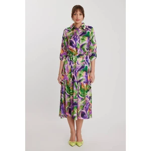 Batik Desen Uzun Kol Kuşaklı Elbise